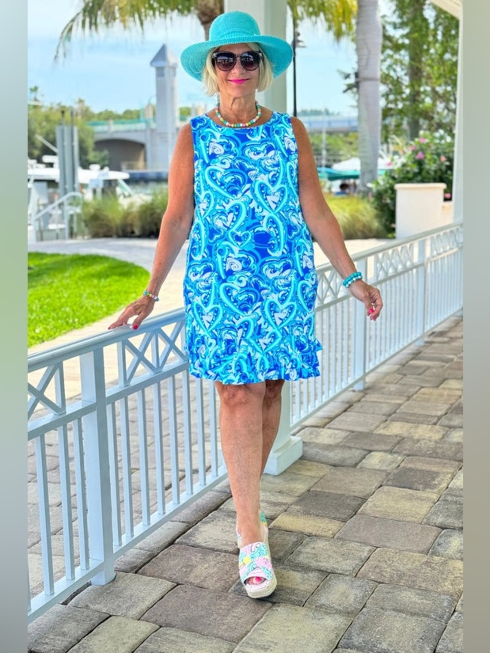 Anthony's Resort Wear | Women's Heart Print Ruffle Tank Dress Size 1X Blue White